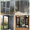 Various views of modern glass windows and doors, including sliding panels and framed panes.