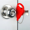 A red portable keyless door lock with a silver cylinder and chain attached to a metal door frame.