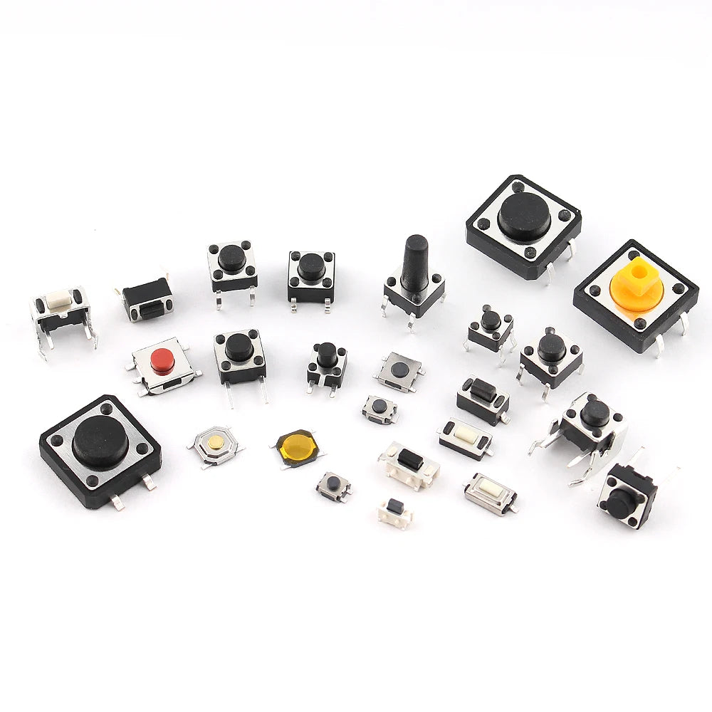 Assorted micro push button tactile switch kit components including various black and yellow switches