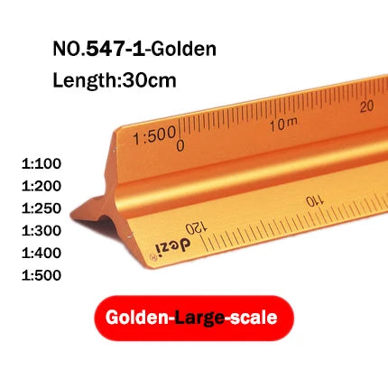 Golden large-scale triangular ruler with a 30cm length and markings up to 1:1500