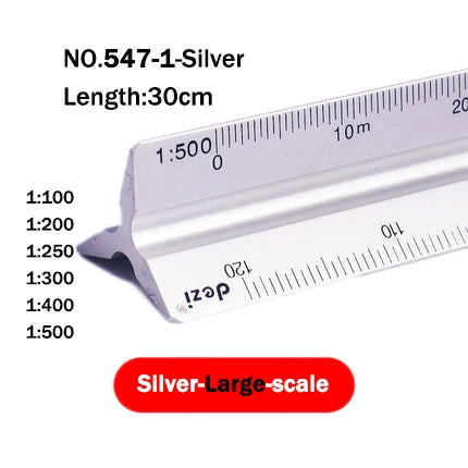Silver large-scale triangular ruler with a 30cm length and various scale markings.