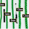 Various lengths of green nylon knitting rope marked with measurements from 3mm to 14mm.