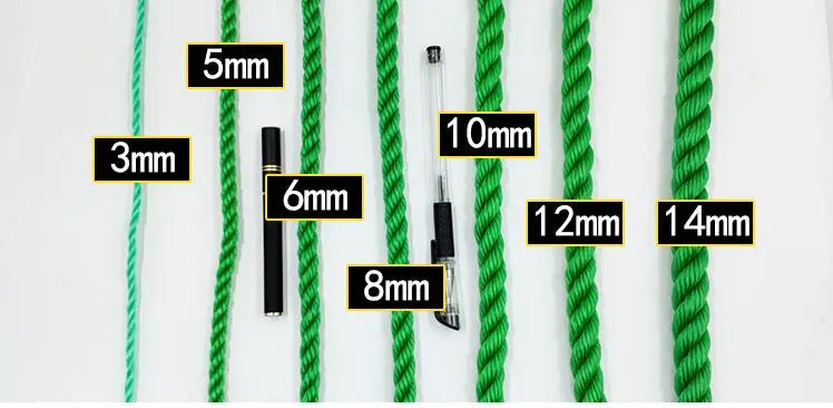 Various lengths of green nylon knitting rope marked with measurements from 3mm to 14mm.