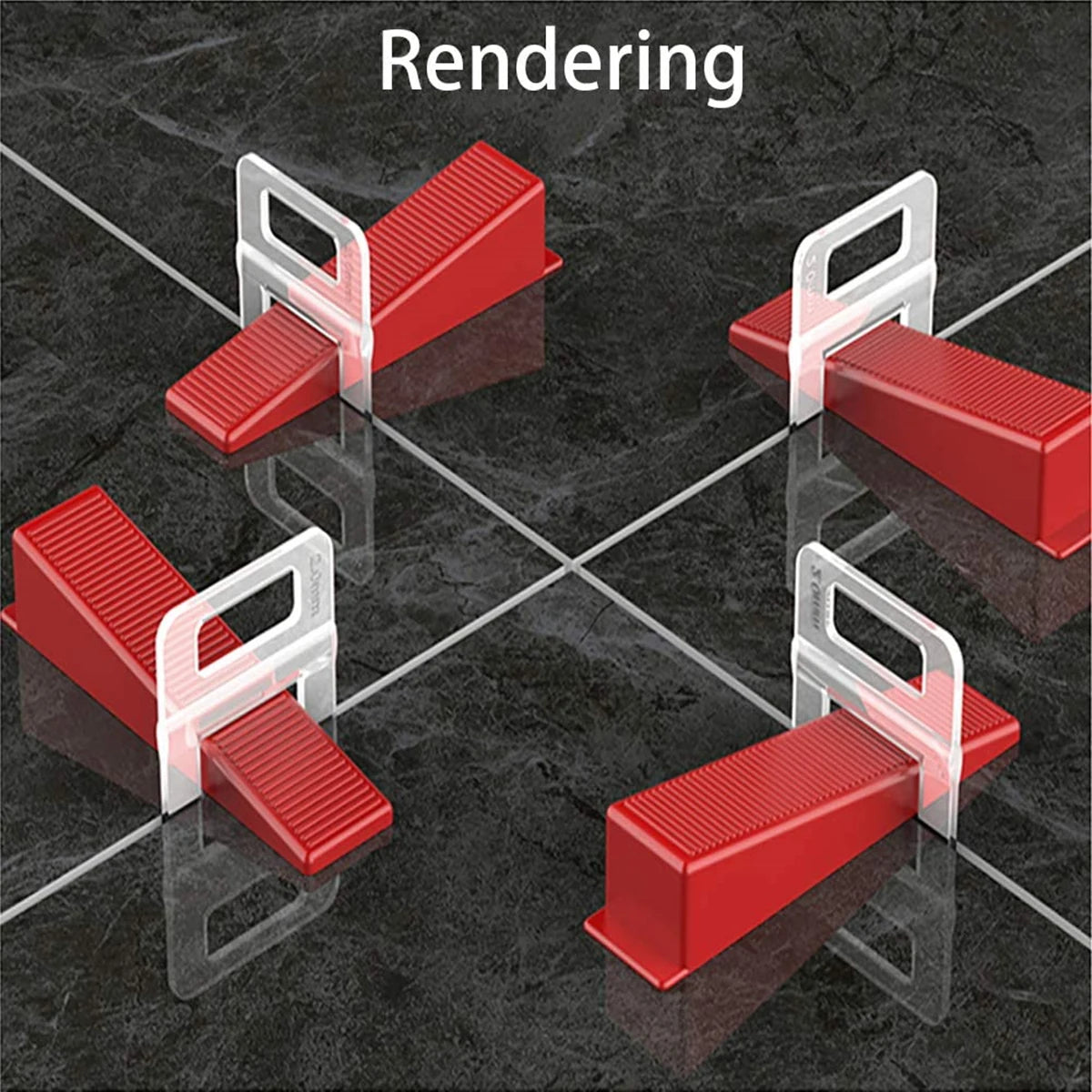 Rendering of precision tile leveling spacers in red and silver against a dark gray background.