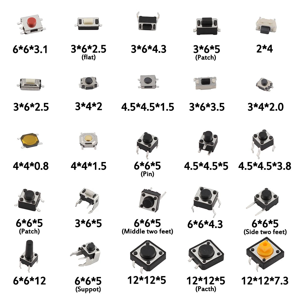 Assorted micro push button tactile switch kit showing various sizes and configurations of electronic switches.