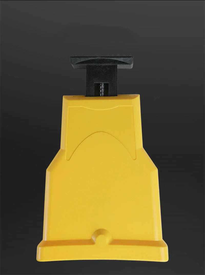 A yellow portable chainsaw tooth sharpening kit with a black handle and mounting plate.