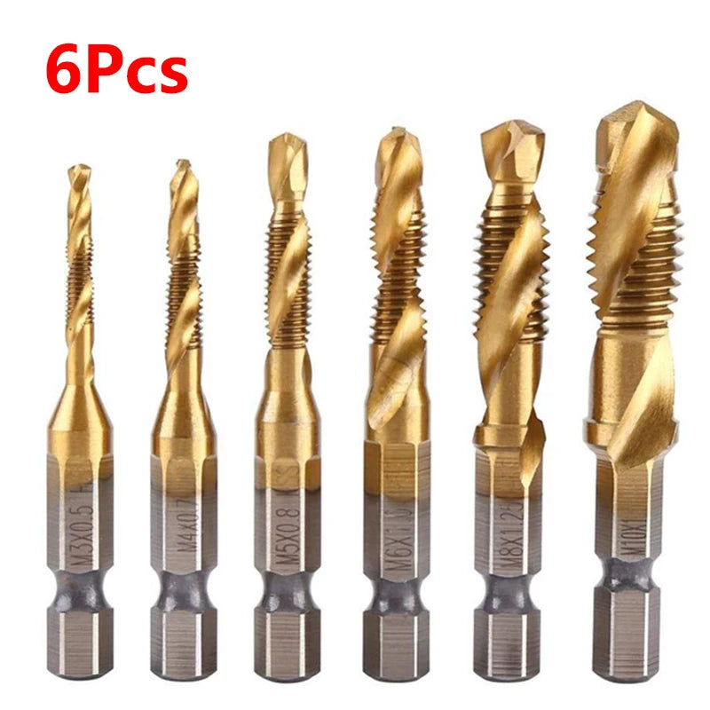 A set of six titanium coated hex shank tap and drill bits shown vertically.