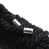 Silver metal connectors attached to a black braided rope for bondage or roleplay