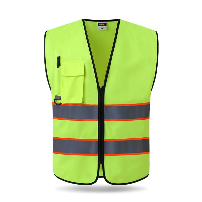 A bright lime green high-visibility reflective safety vest with black trim and horizontal orange stripes.