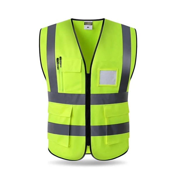 A bright lime green high-visibility reflective safety vest with black trim and a clear pocket on the chest.