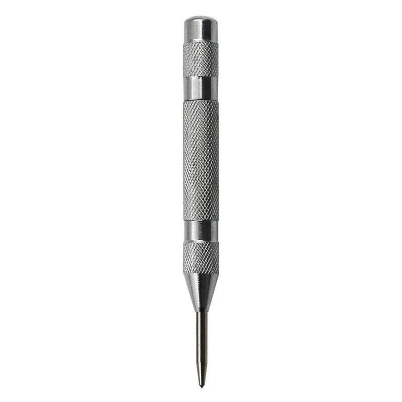 A silver spring-loaded center pin punch for woodworking and repair.