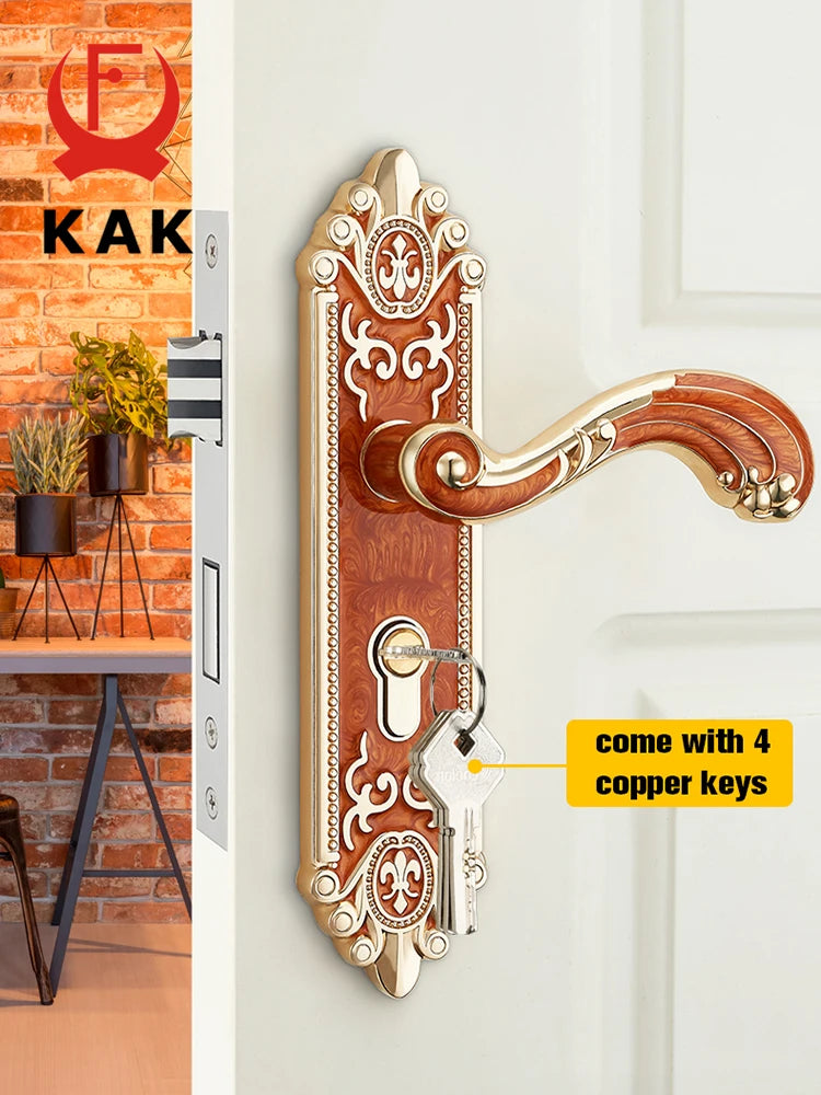 A detailed European style gold door lock with a decorative handle and four copper keys mounted on a white door frame.