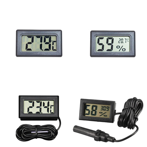 A set of compact digital thermometer and hygrometer devices displaying temperature and humidity readings.