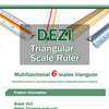 A DEZI multifunctional 6 scales triangular ruler showing various measurement scales.