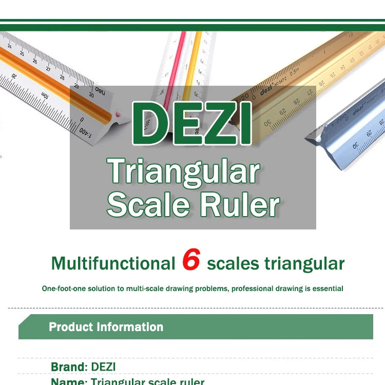 A DEZI multifunctional 6 scales triangular ruler showing various measurement scales.