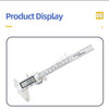 Calibrador digital de precisión plateado con mandíbula de acero endurecido y escala de medición.