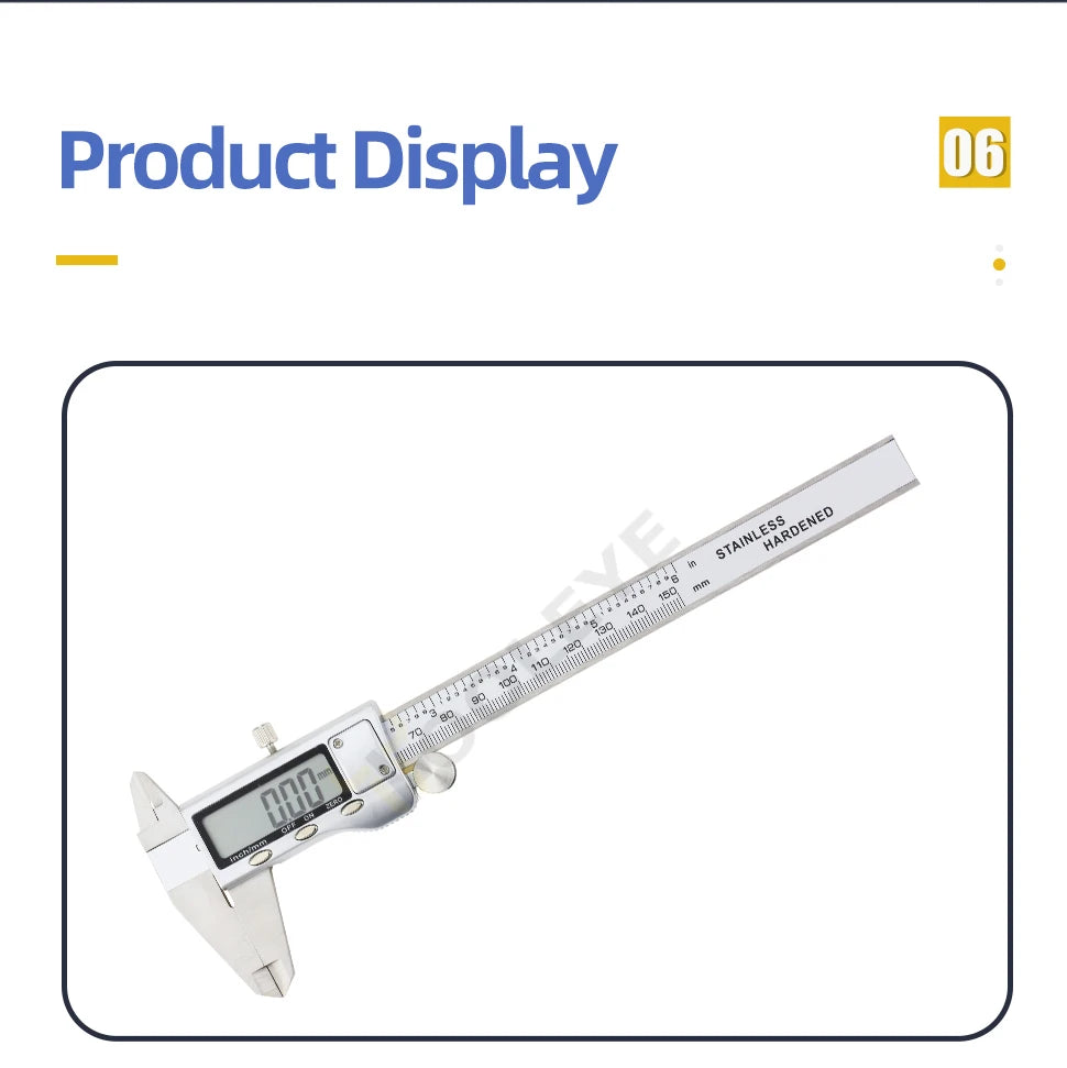 Calibrador digital de precisión plateado con mandíbula de acero endurecido y escala de medición.