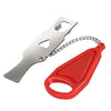 A silver portable keyless door lock with a red plastic handle and chain.