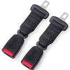 A pair of black adjustable car seat belt extension clips with red accents.