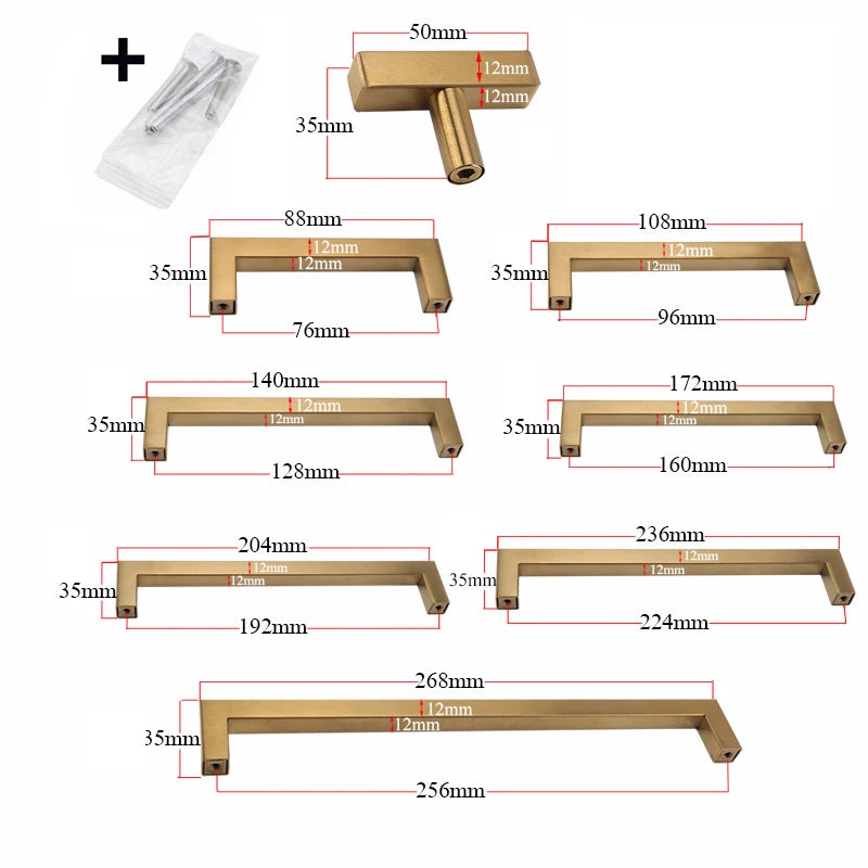 Various lengths and profiles of modern golden brass cabinet handles shown with dimension lines.