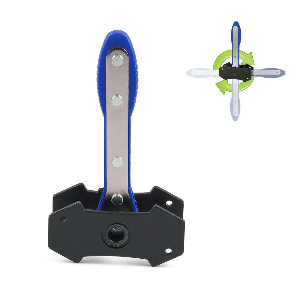 A precision car ratchet brake piston spreader tool with a blue handle and black body, shown alongside its disassembled compon