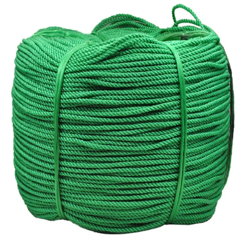 A coil of bright green heavy duty nylon knitting rope used for outdoor and marine applications.