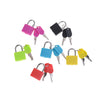 A set of multi-color steel padlocks in pink, green, black, and yellow with corresponding keys.