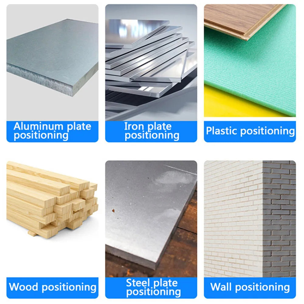Various positioning tools for metal, plastic, and wood plates including aluminum, iron, steel, and wall materials.