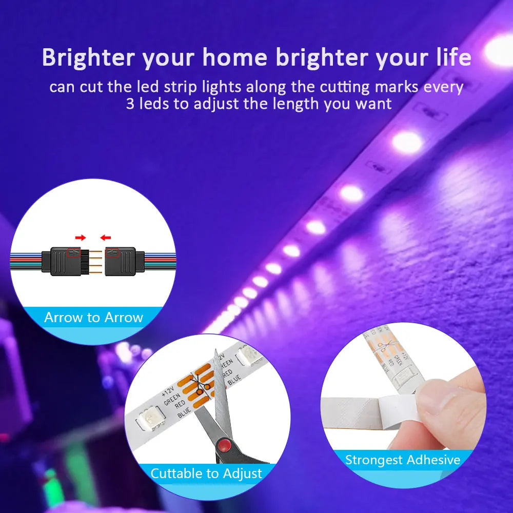Close-up of RGB LED strip lights showing how to cut and adjust the length of the LED strips for customizable lighting.