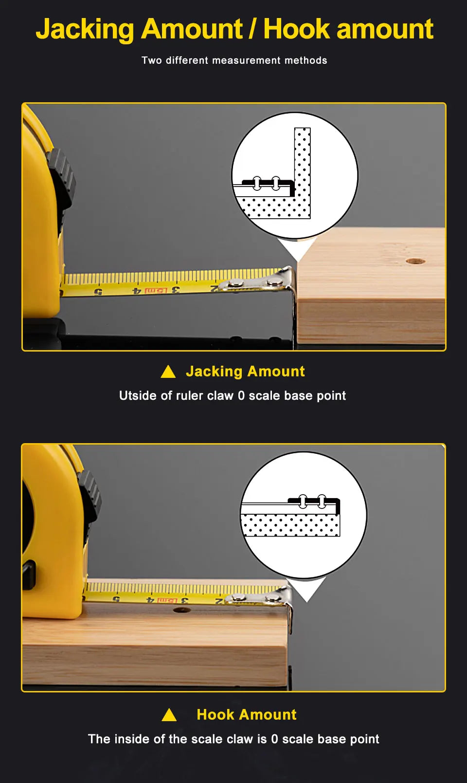 Diagram showing two measurement methods for a retractable measuring tape: Jacking Amount and Hook Amount.