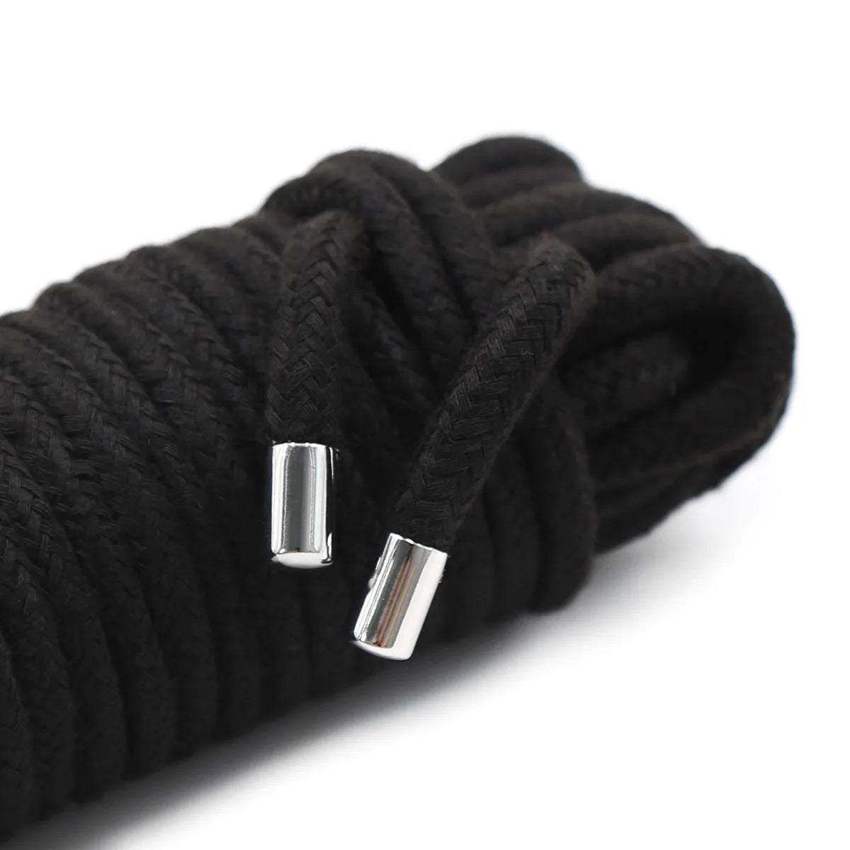 Black braided rope set with silver metal ends for bondage and roleplay