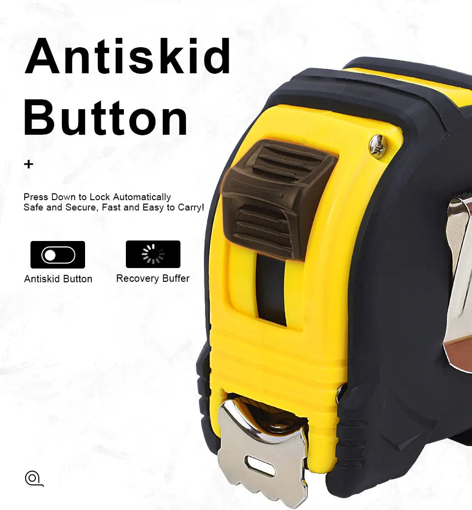 Yellow and black retractable measuring tape with an antiskid button feature.