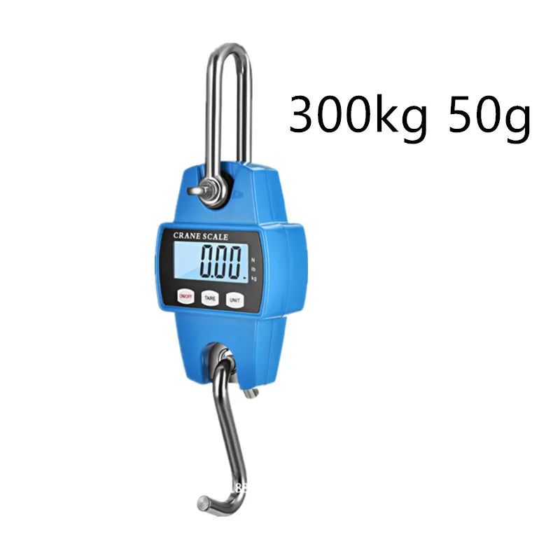 Blue digital crane scale measuring 300kg and 50g