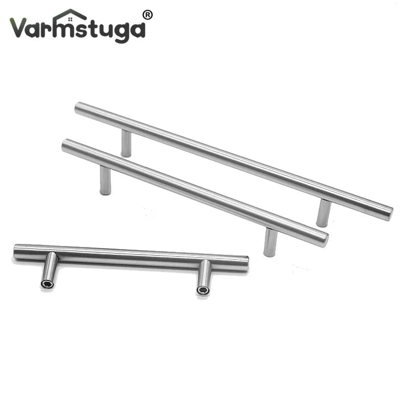 Modern stainless steel cabinet pull knobs shown in various lengths and configurations