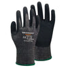 A pair of black heavy-duty anti-cut work gloves with a textured grip and green trim.