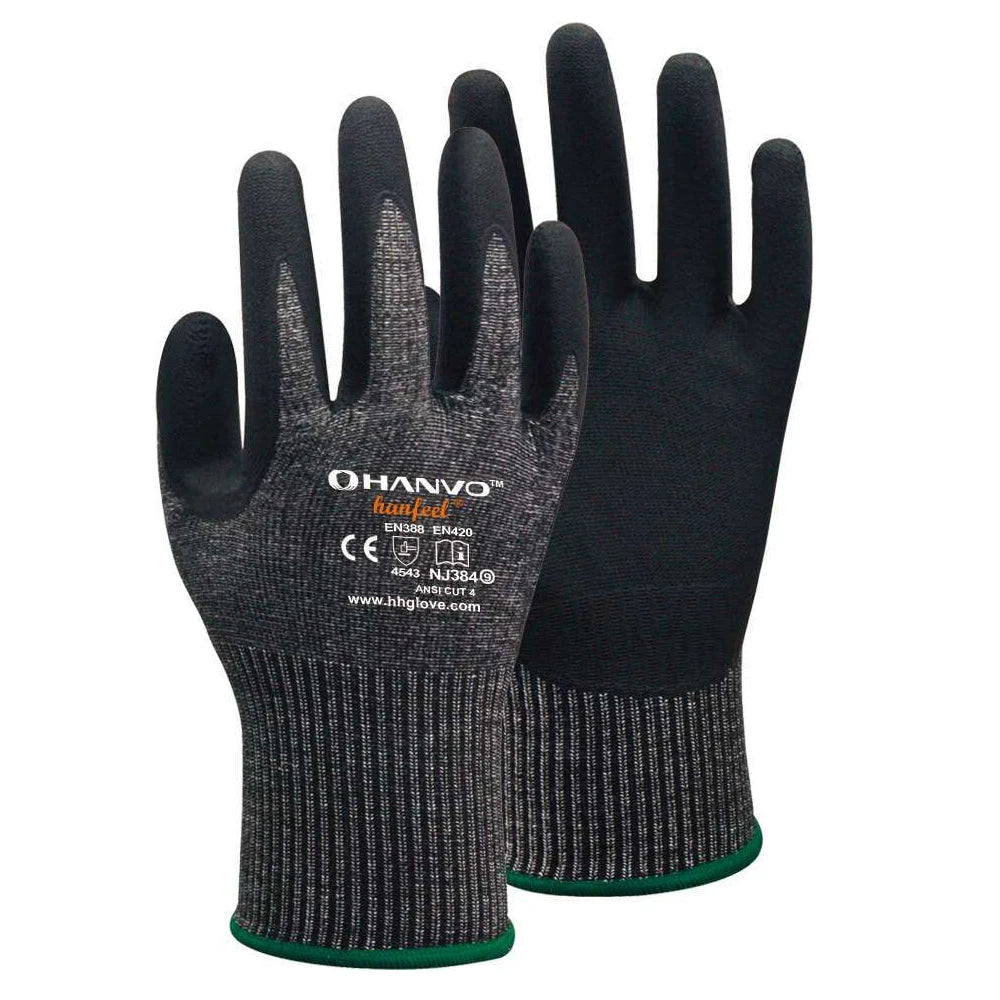 A pair of black heavy-duty anti-cut work gloves with a textured grip and green trim.