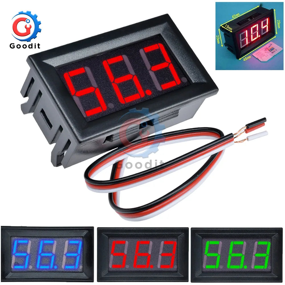 A black digital voltmeter gauge displaying 9.8V, shown with attached wires and multiple display views.