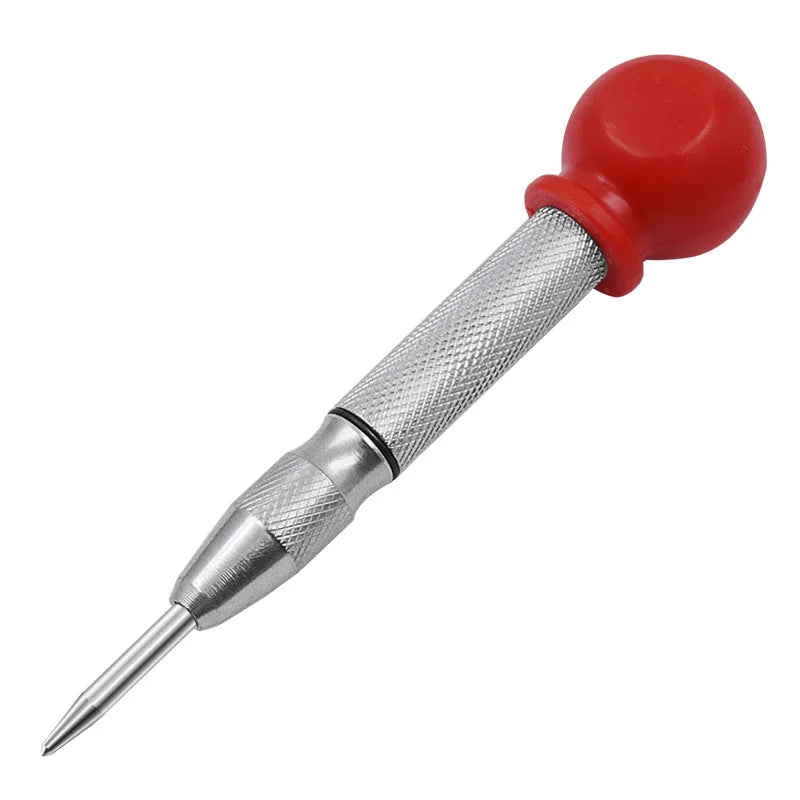 A silver spring-loaded center pin punch with a red handle and pointed tip for woodworking and repair.