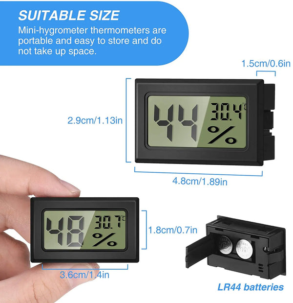 A black digital thermometer and hygrometer device is shown next to an LR44 battery, demonstrating its size.