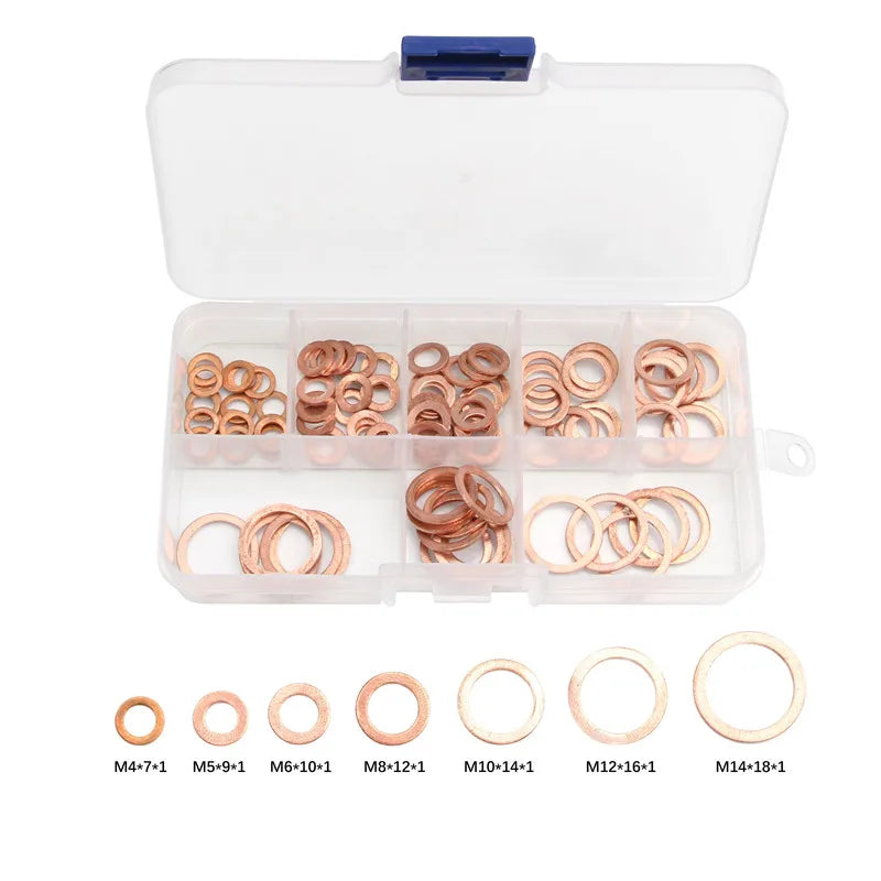 A clear plastic case containing various copper sealing washers and sump plugs in different sizes.