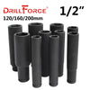 Set of 8 black 1/2 inch drill force impact sockets in various lengths