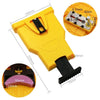 A yellow portable chainsaw tooth sharpening kit with various components shown in detail.