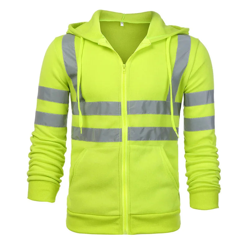 A bright lime green men's reflective winter zipper hoodie with gray reflective stripes.