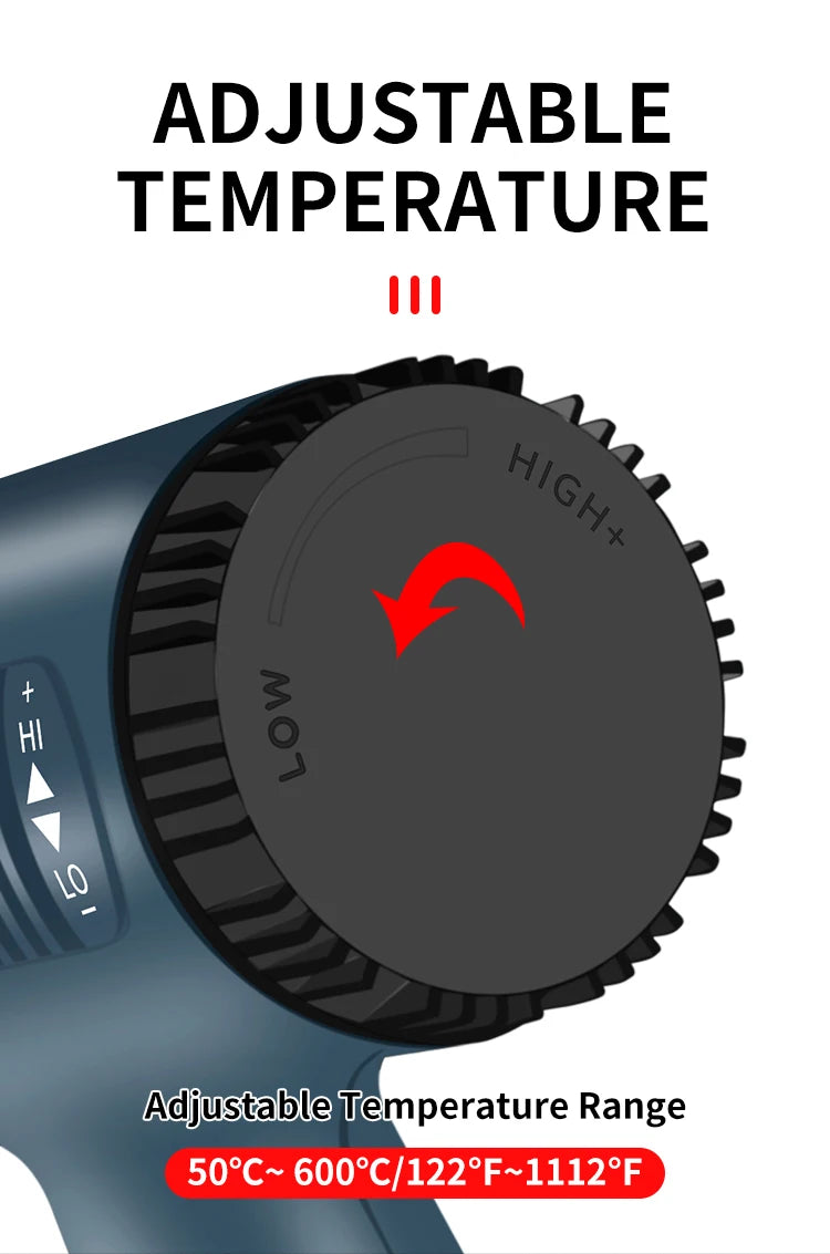 Nahaufnahme einer digitalen Heißpistole mit einstellbarem Temperaturregler und Temperaturbereichangaben.