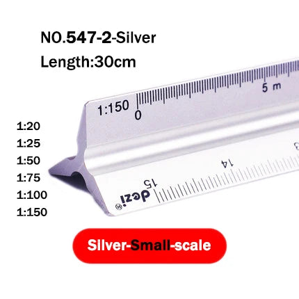 Silver small-scale triangular ruler measuring 30cm with markings up to 5m