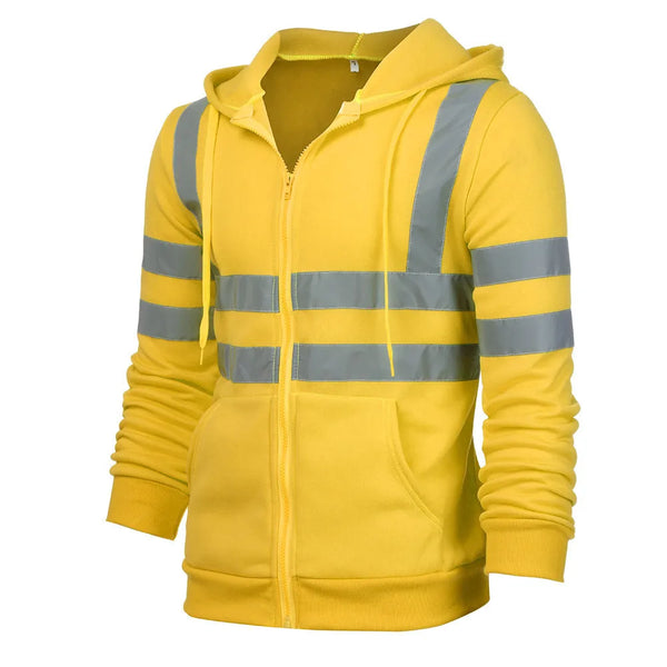 A yellow men's reflective winter zipper hoodie shown from the front.