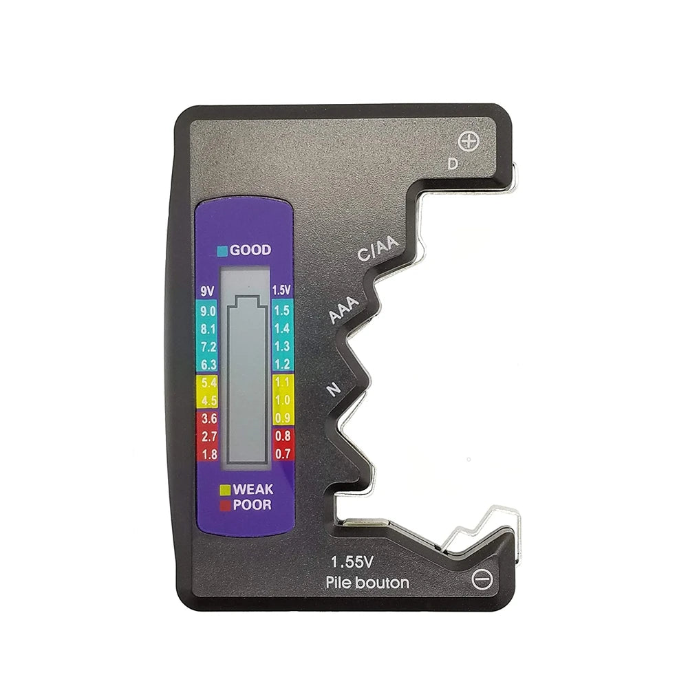 A black digital battery capacity tester device with various voltage indicators and a pile button.