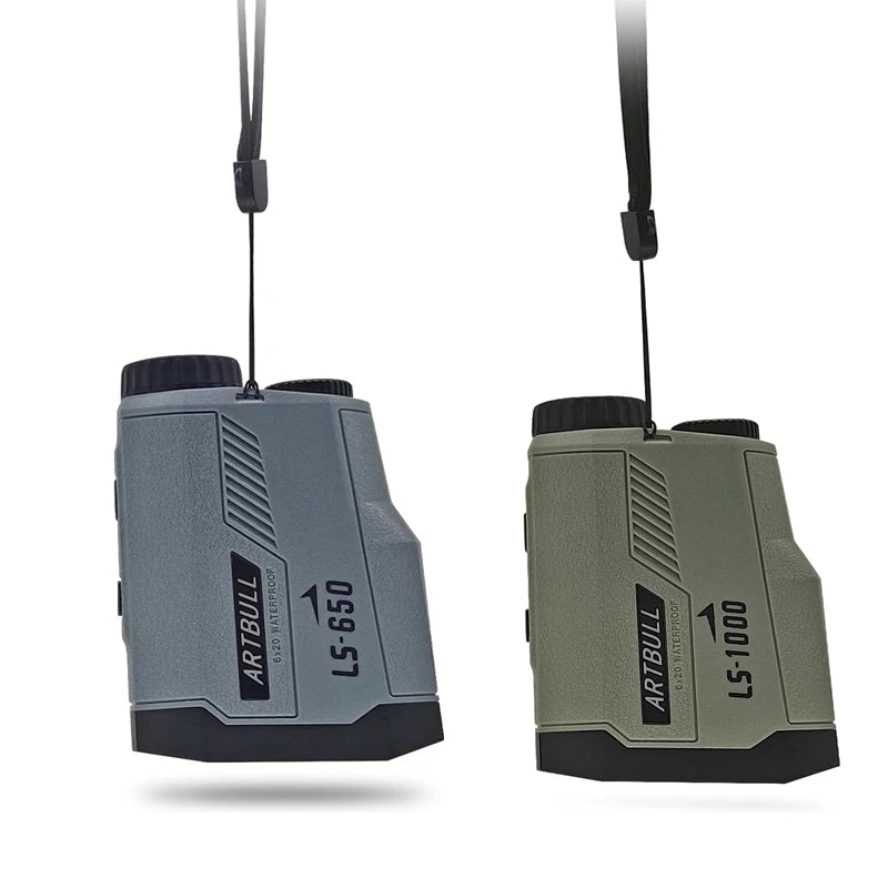 A pair of Artbull LS-650 and LS-1000 laser rangefinders hanging by their straps.