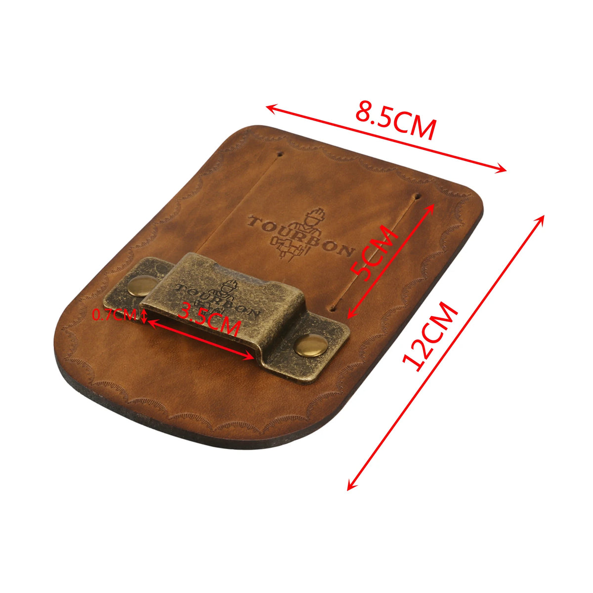 A brown genuine leather tape measure holder with a metal clip, shown from above.