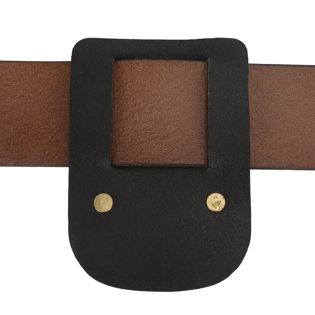 A black leather tape measure holder with a rectangular slot and two metal clips.